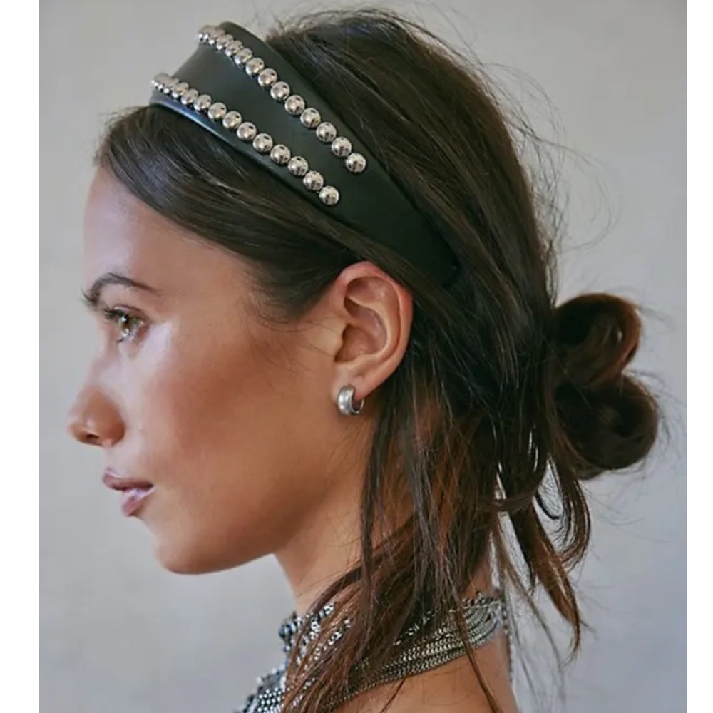 NWT free People Showstopper Hard Headband Black Leather with Studs